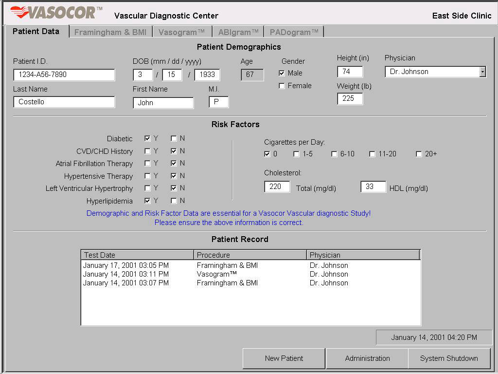 InterCare Vascular Diagnostic Center patient data screen